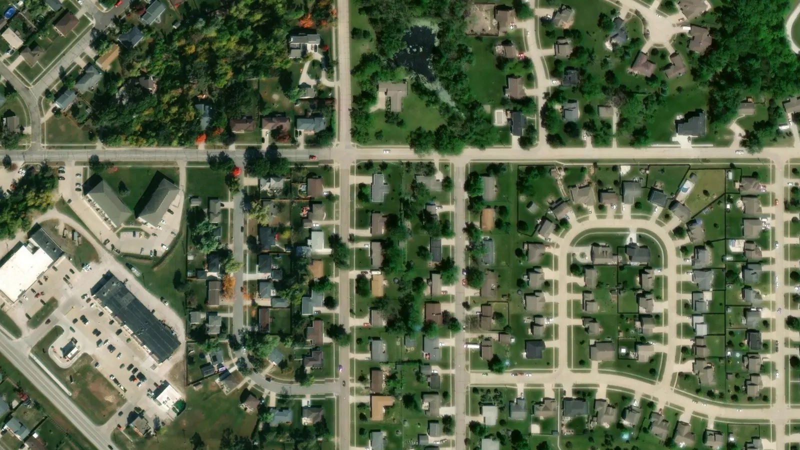 Satellite view: leafy residential streets of detached homes